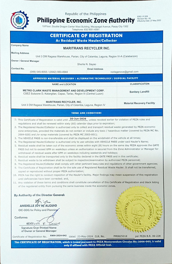 Licenses & Certificates – Maritrans Recycler, Inc.